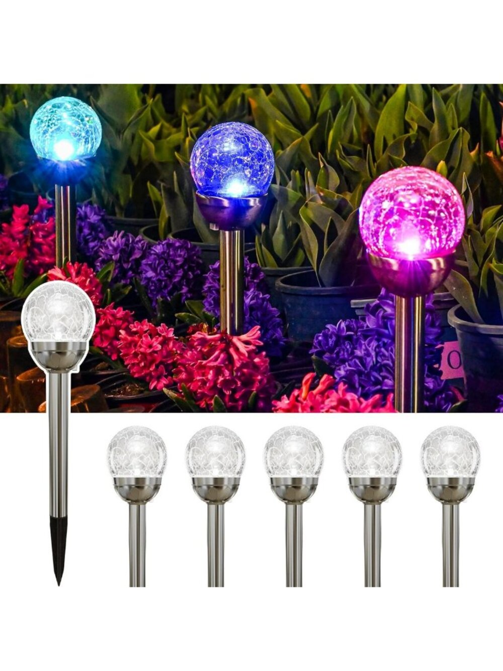 Color Changing Solar Garden Lights, Cracked Glass Ball LED Pathway Decor, 6 Pack